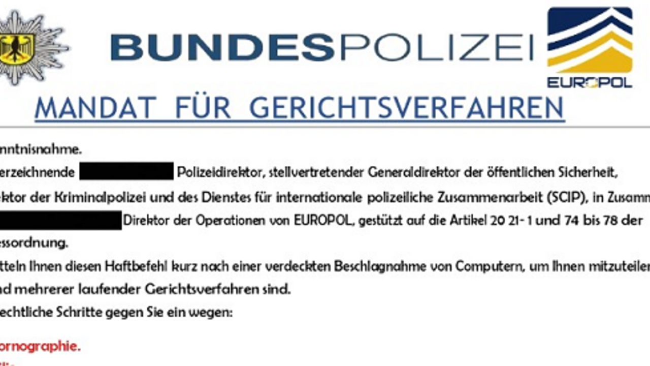Ausschnitt aus einem gefälschten Schreiben der Bundespolizei mit der Überschrift "Mandat für Gerichtsverfahren"