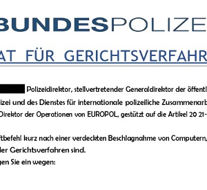 Ausschnitt aus einem gefälschten Schreiben der Bundespolizei mit der Überschrift "Mandat für Gerichtsverfahren"