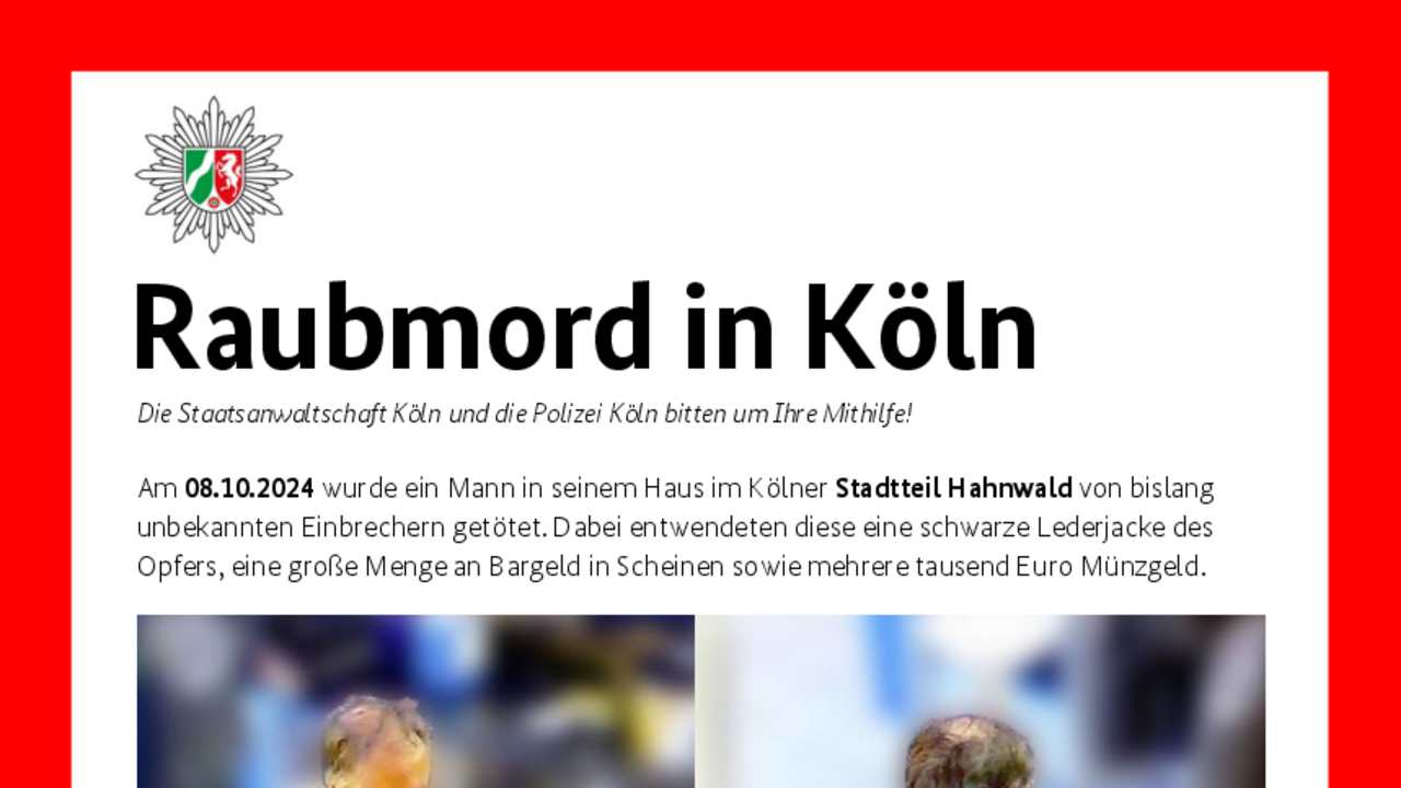 Fahndungsplakat Raubmord Köln
