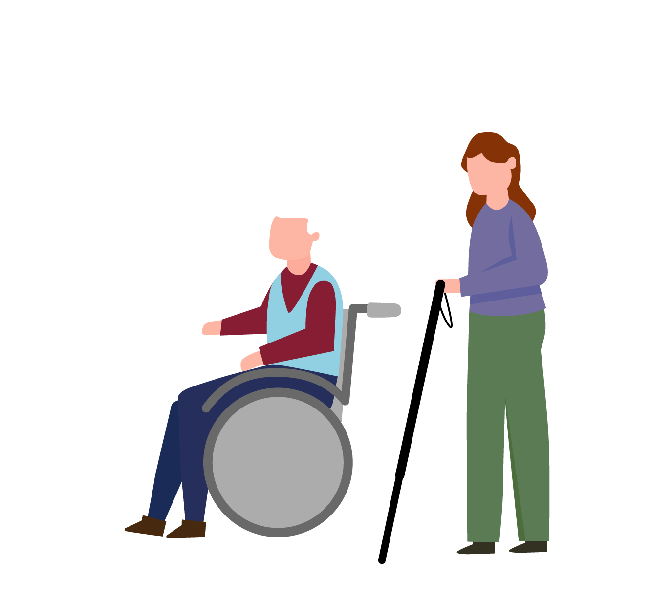 Abbildung eines Manns im Rollstuhl und einer blinden Person, um den Hinweis der barrierefreien Zugänge unsere Polizeidienststellen zu verdeutlichen.