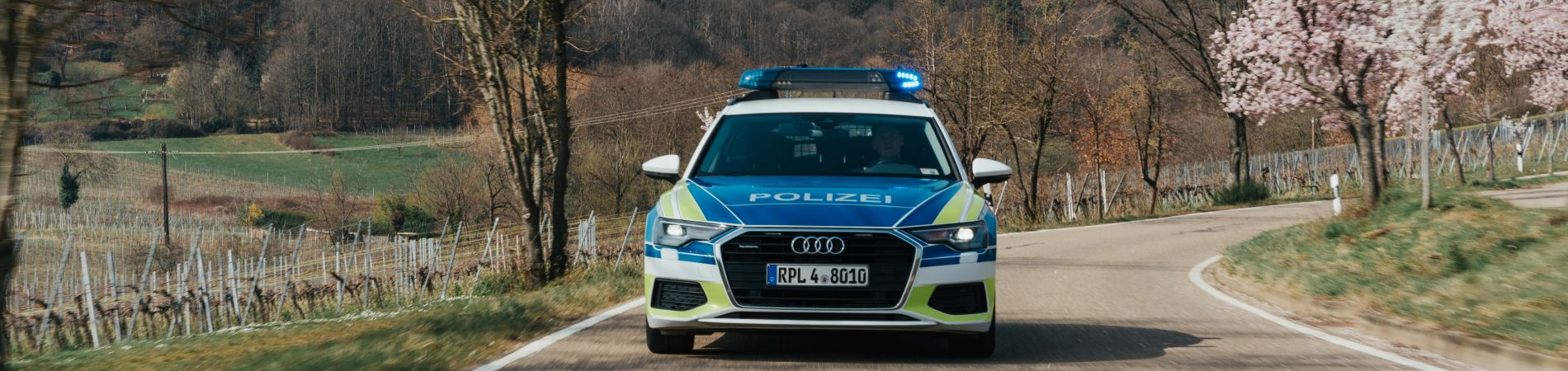 Streifewagen während der Fahrt auf der Bundesstraße im Frühling