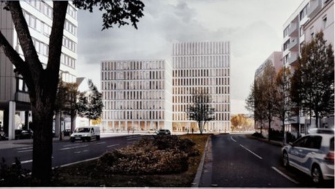 Entwurf des neuen Gebäudes des Polizeipräsidium Rheinpfalz. Es zeigt zwei Hochhäuser. Im Vordergrund ist eine Allee mit einigen Autos und Passanten. 